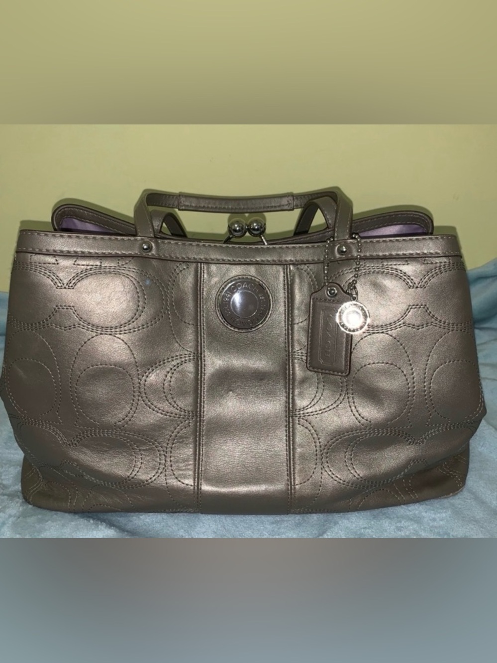 COACH Metallic Bronze Leather Tote with Signature Stitching